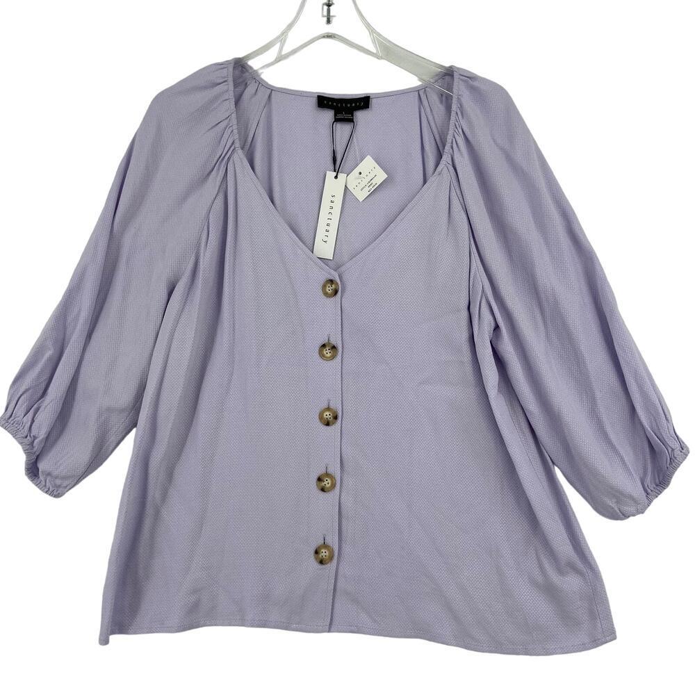 Sanctuary Blouse Top Size L Lavender Purple V-Neck Button Front Elbow Sleeve